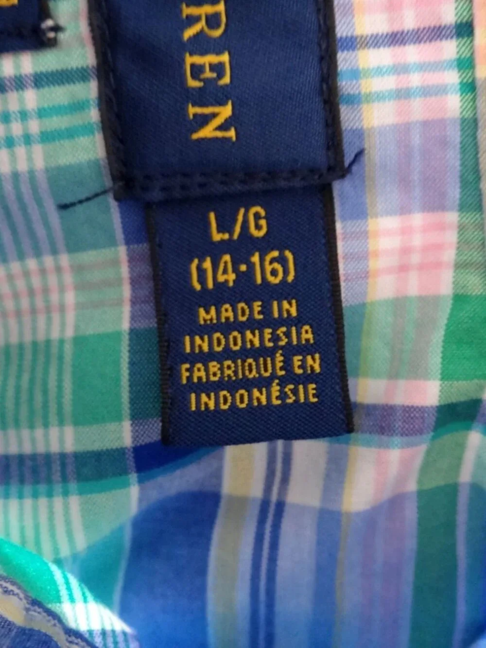 Ralph Lauren Boy's L 14-16 Plaid Short Sleeve Button Down Shirt Blue Green Pink